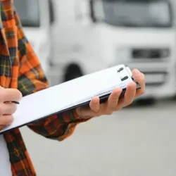 Gestor logístico monitorando a gestão de transporte através de um dispositivo móvel
